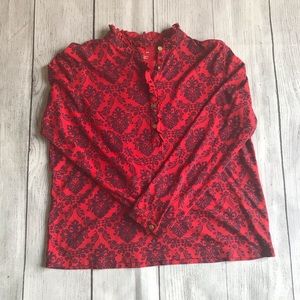 Lands End Red Print Ruffled Long Sleeve Shirt